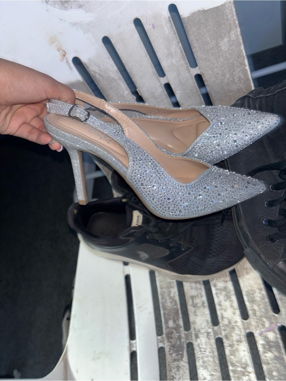Sparkling Silver Slingback Heels - Women's Dress Pumps